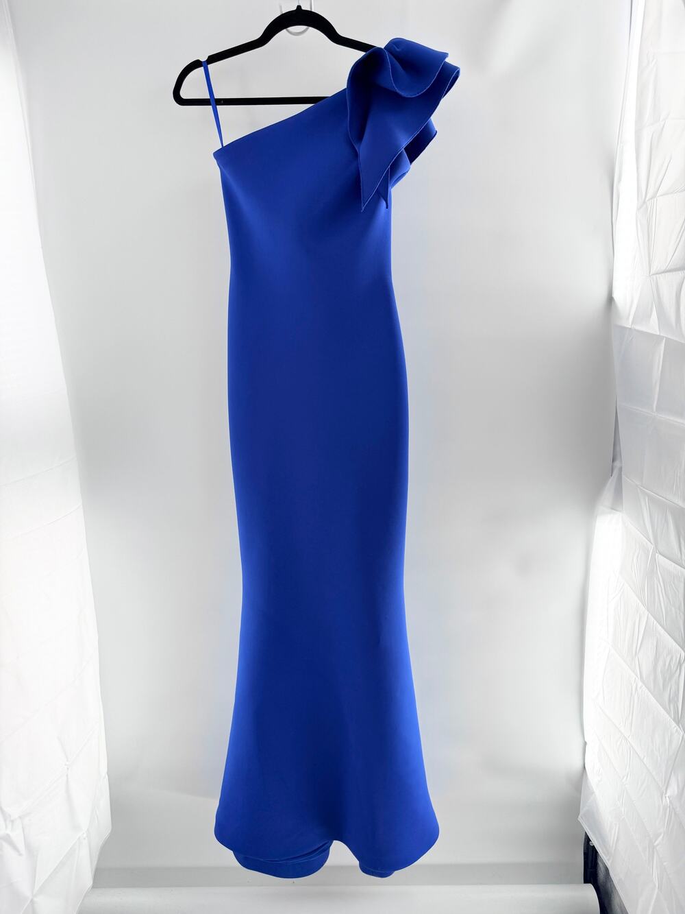 Jovani Asymmetrical Ruffle One Shoulder Bodycon Maxi Dress Blue Women's Size 0